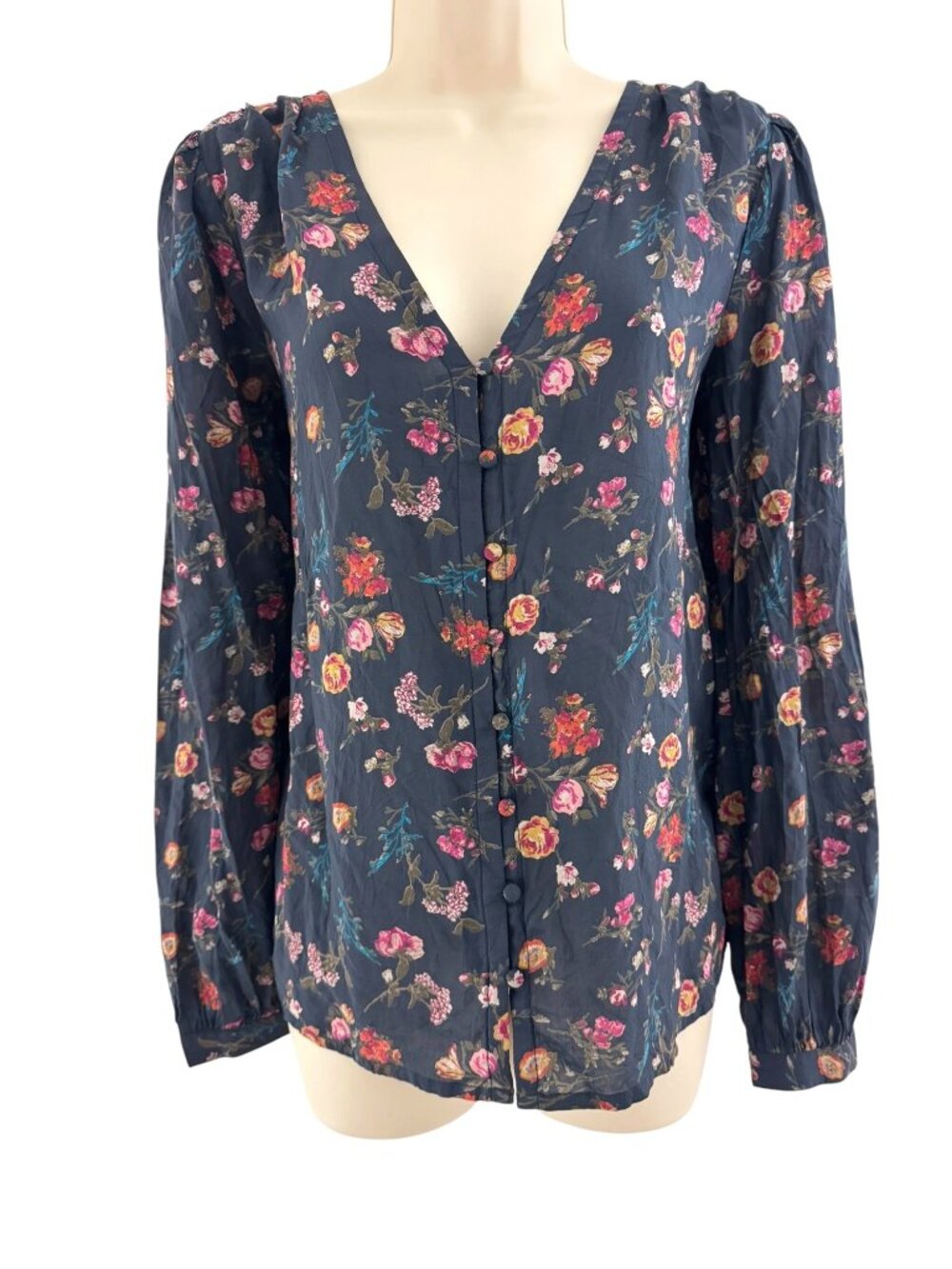 Lucky Brand Gray Floral Print V-Neck Semi-Sheer Long Sleeve Blouse Top Shirt M
